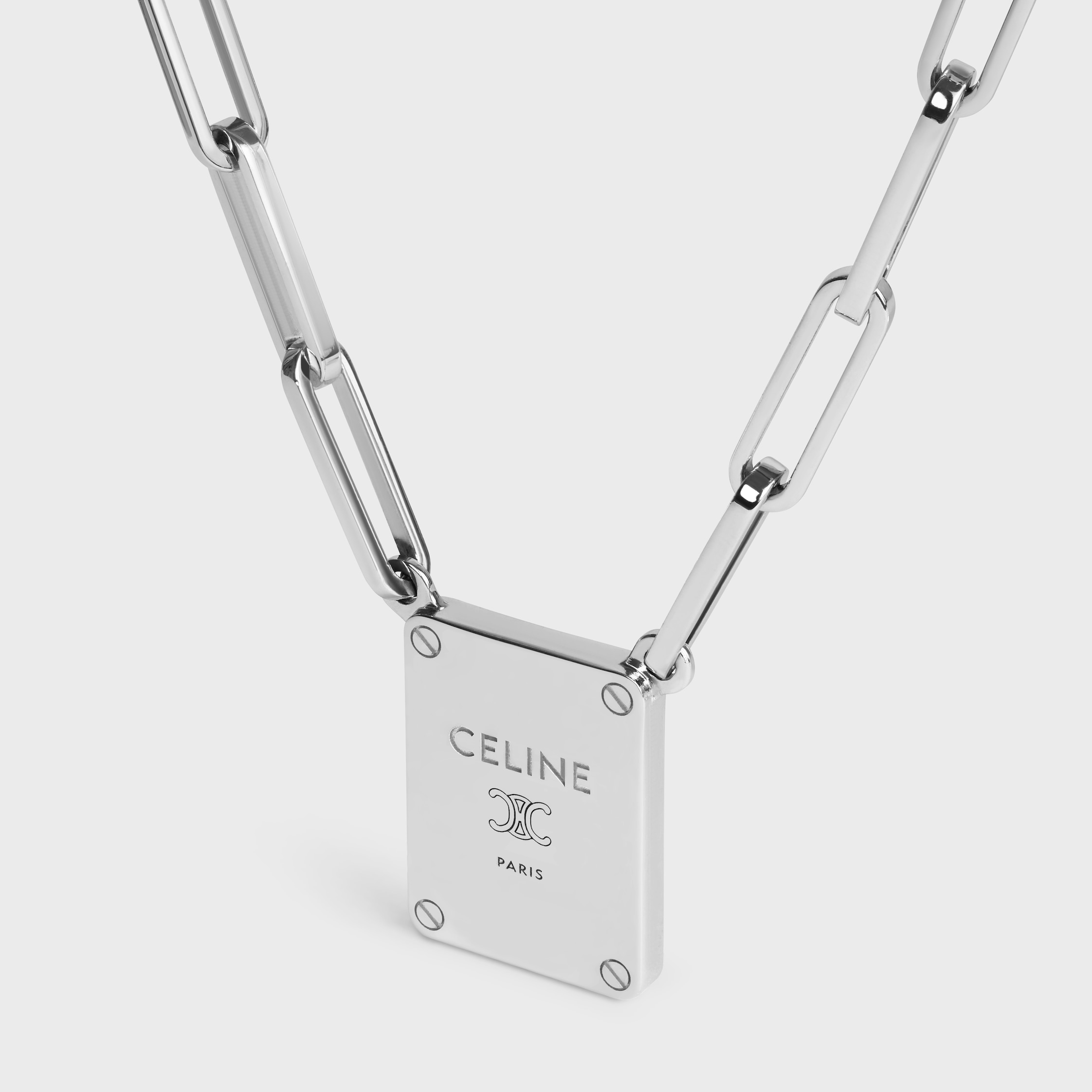 TRIOMPHE TAG NECKLACE IN BRASS WITH RHODIUM FINISH - SILVER | CELINE