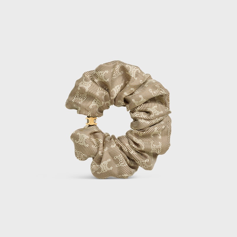 Celine Triomphe Diagonale Scrunchy in Silk and Brass with Gold Finish - Beige / Gold - HAIR ACCESSORIES - 1 | CELINE