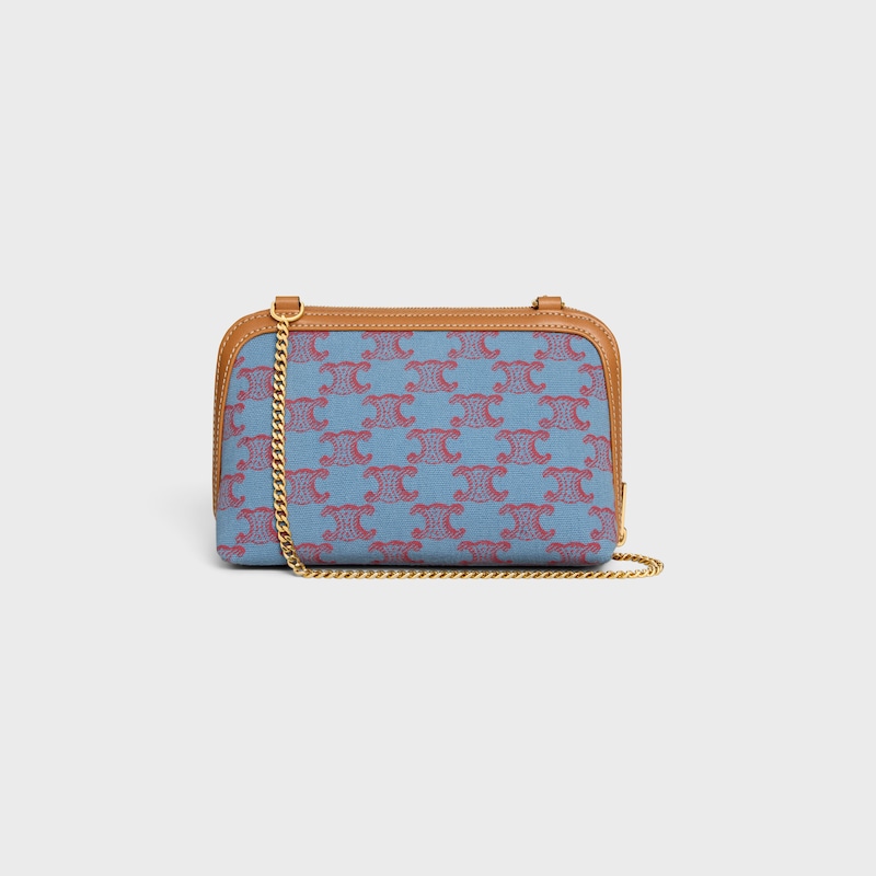 Clutch on Chain IN TEXTILE WITH TRIOMPHE ALL OVER AND NATURAL CALFSKIN - DENIM BLUE / RED - MORE LINES - 1 | CELINE