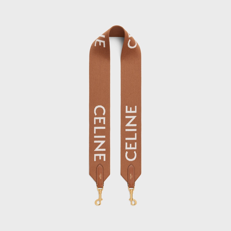 Long Strap in Wool with Celine jacquard with GOLD FINISHING - TAN/WHITE - BAG CHARMS - 1 | CELINE
