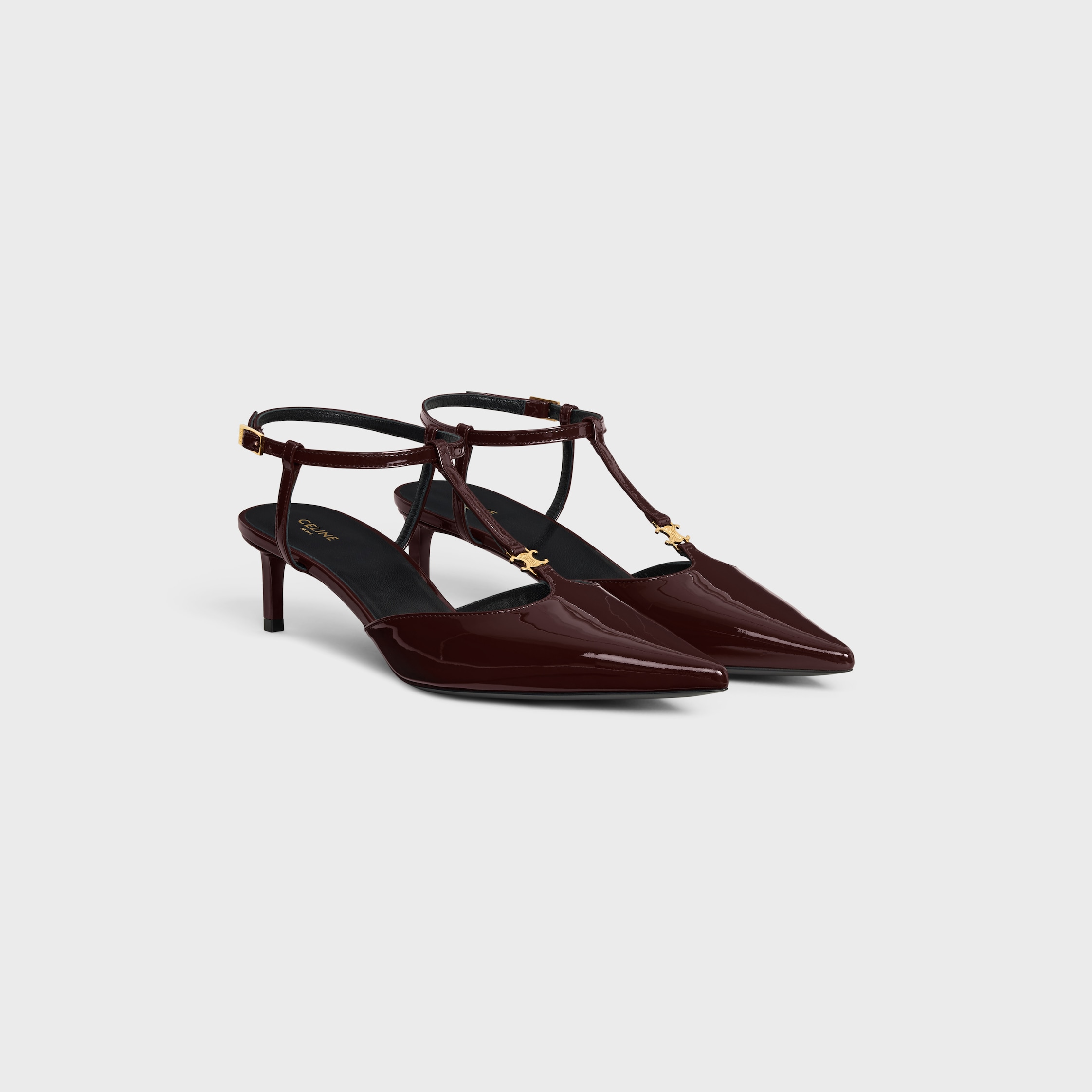 CELINE KITTEN T-BAR STRAP PUMP IN PATENT CALFSKIN - DARK