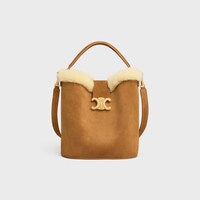 MEDIUM LOUISE BAG in SUEDE CALFSKIN AND SHEARLING - TOBACCO / CREAM - BUCKET BAGS - 1 | CELINE
