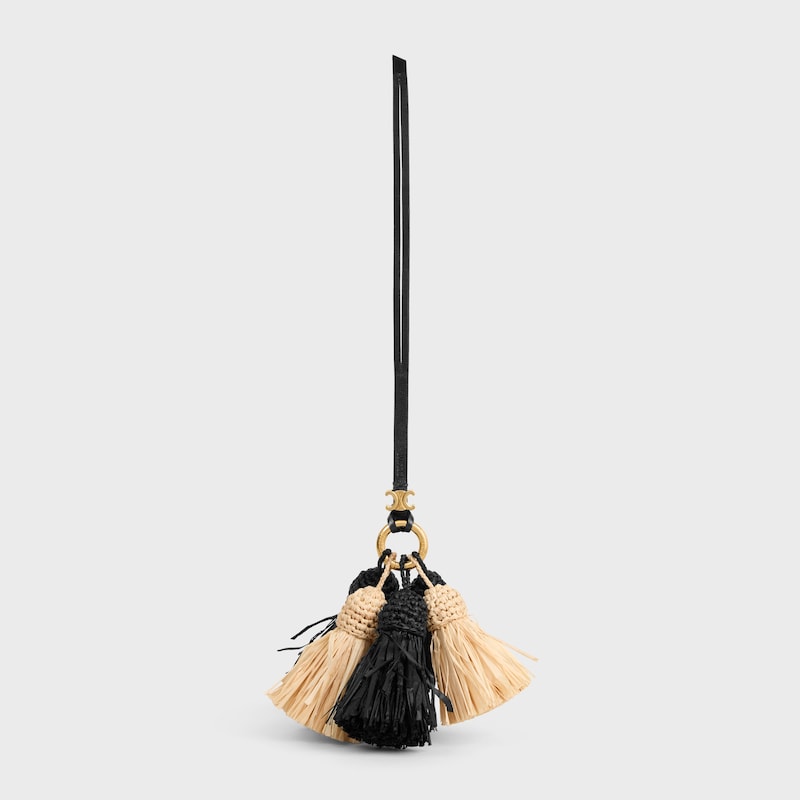MULTI POMPON CHARM IN RAFFIA AND SMOOTH LAMBSKIN - NATURAL / BLACK - BAG CHARMS - 1 | CELINE
