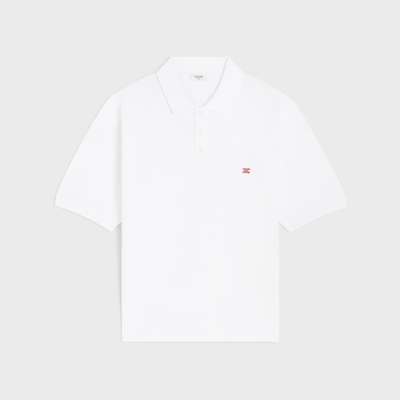 Camisa polo em malha de algodão piqué - OFF WHITE / VERMELHO CEREJA - - 1 | CELINE