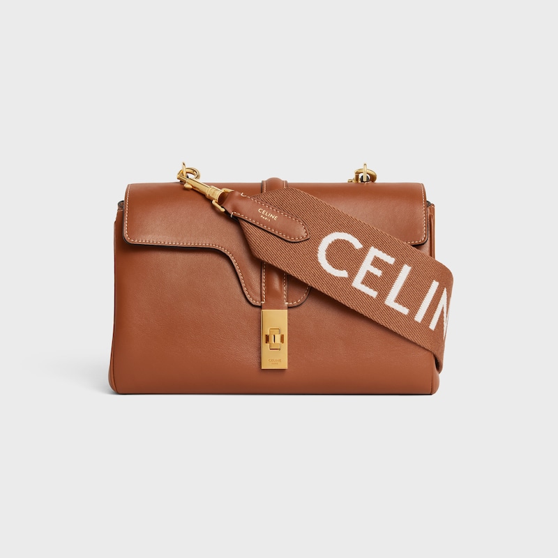 Long Strap in Wool with Celine jacquard with GOLD FINISHING - TAN/WHITE - BAG CHARMS - 1 | CELINE