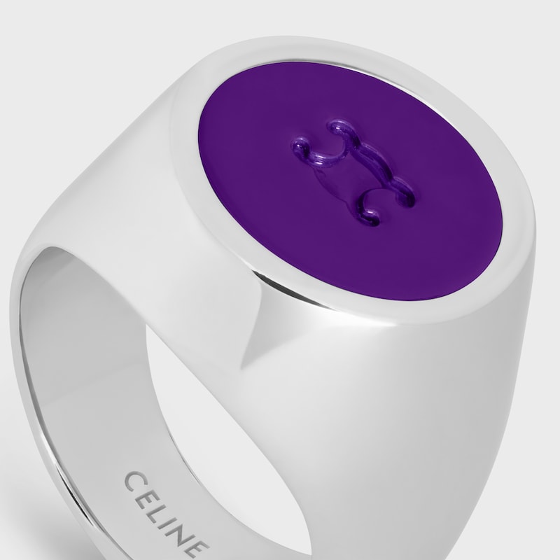 Triomphe Signet Ring in Varnish and Brass with Rhodium Finish - SILVER / PURPLE -  - 1 | CELINE
