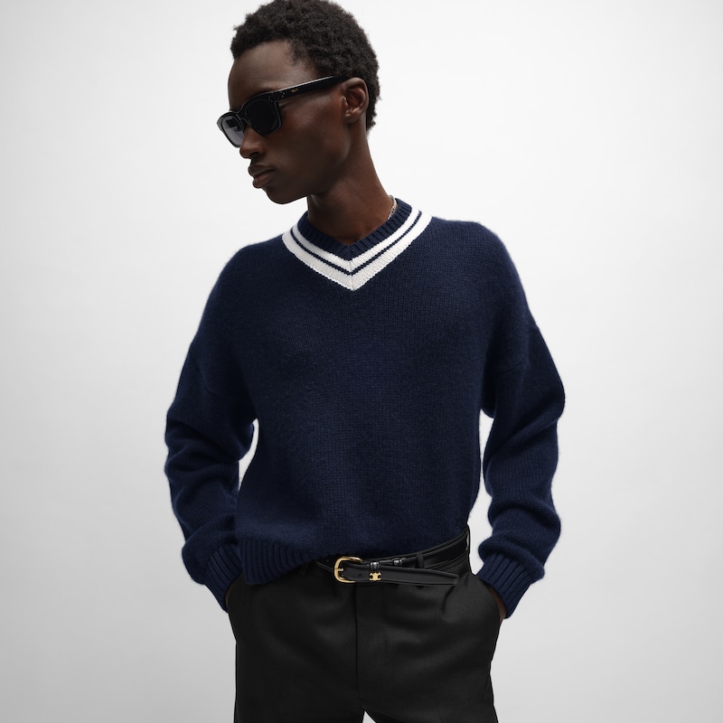 v-neck sweater IN cashmere - NAVY / WHITE -  - 1 | CELINE