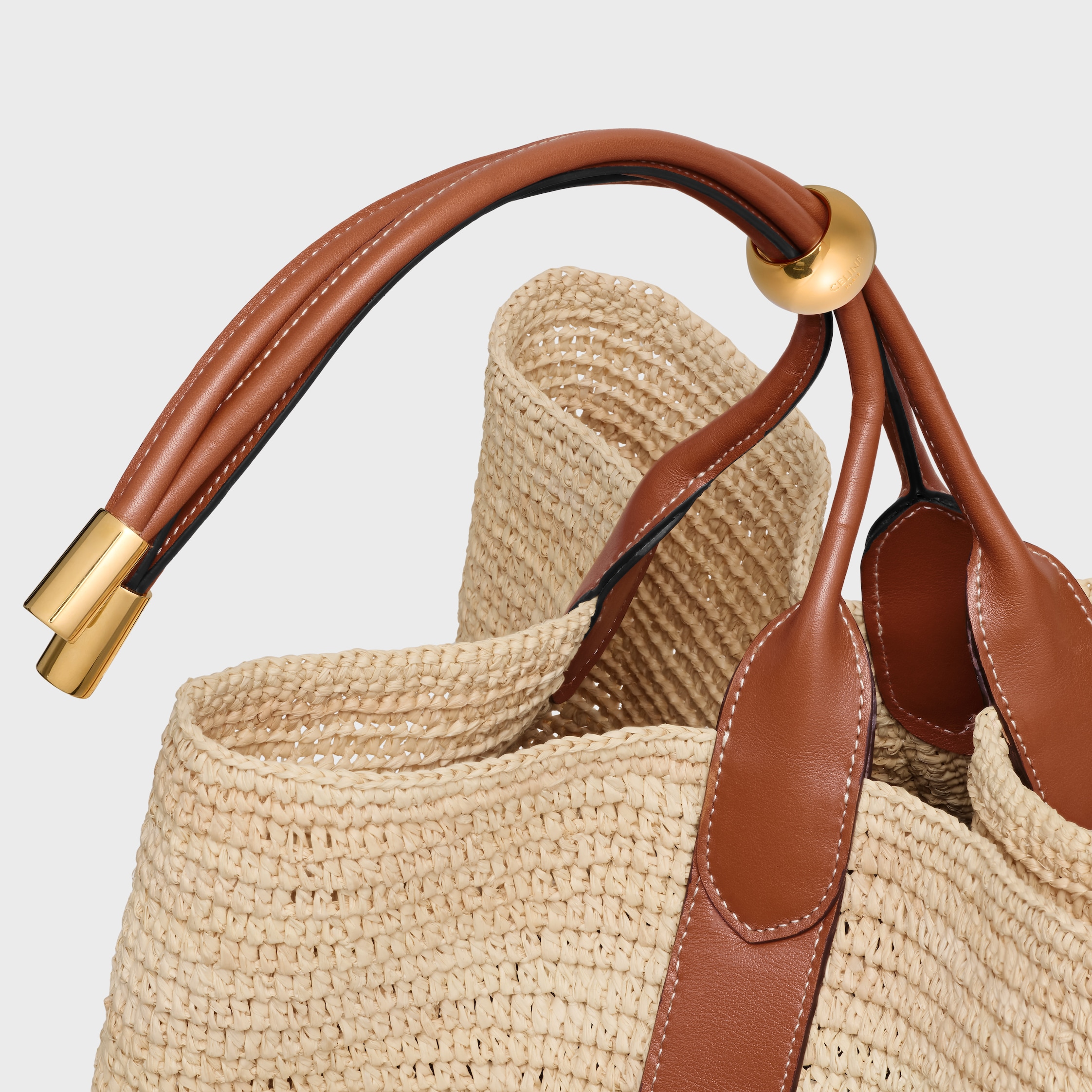 LARGE DROP BUCKET BAG IN RAFFIA AND CALFSKIN - TAN | CELINE