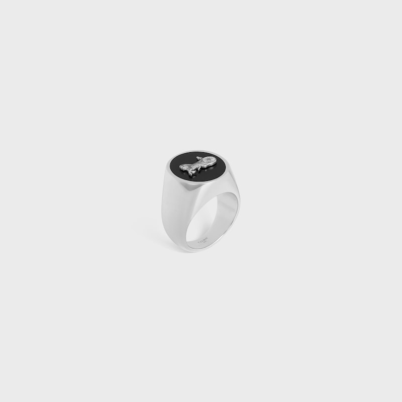 CELINE SULKY Signet Ring IN Enamel and Brass with Rhodium Finish - SILVER / BLACK -  - 1 | CELINE