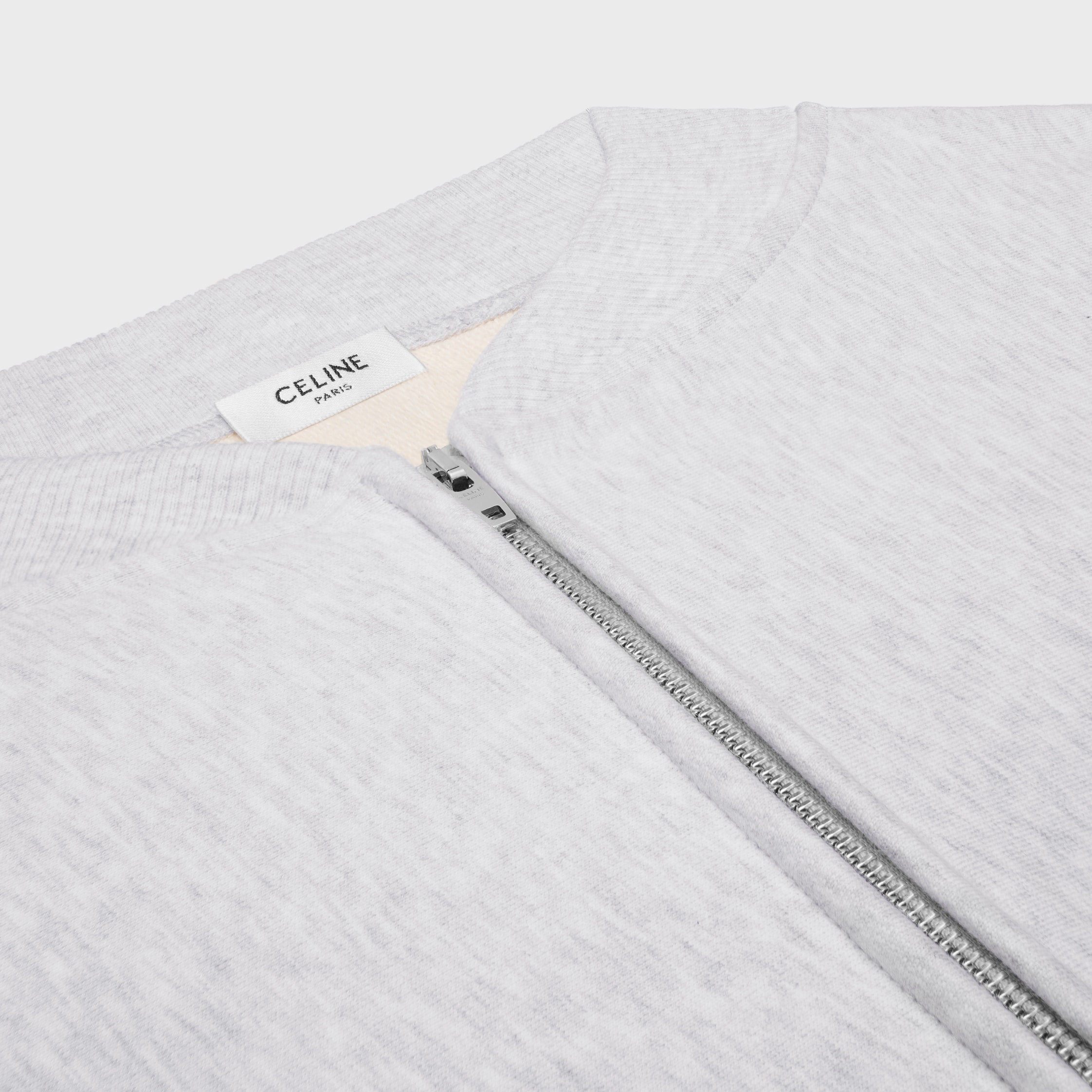 セリーヌ　CELINE レザーフーディージャケット　グレー　4ポケット　y2k teddy jacket IN cotton fleece - PALE GREY/ OFF WHITE | CELINE