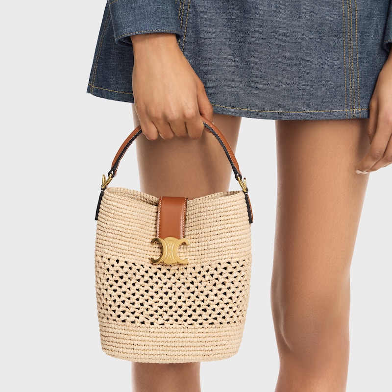 SMALL LOUISE BUCKET IN RAFFIA AND CALFSKIN - NATURAL / TAN - BUCKET BAGS - 1 | CELINE