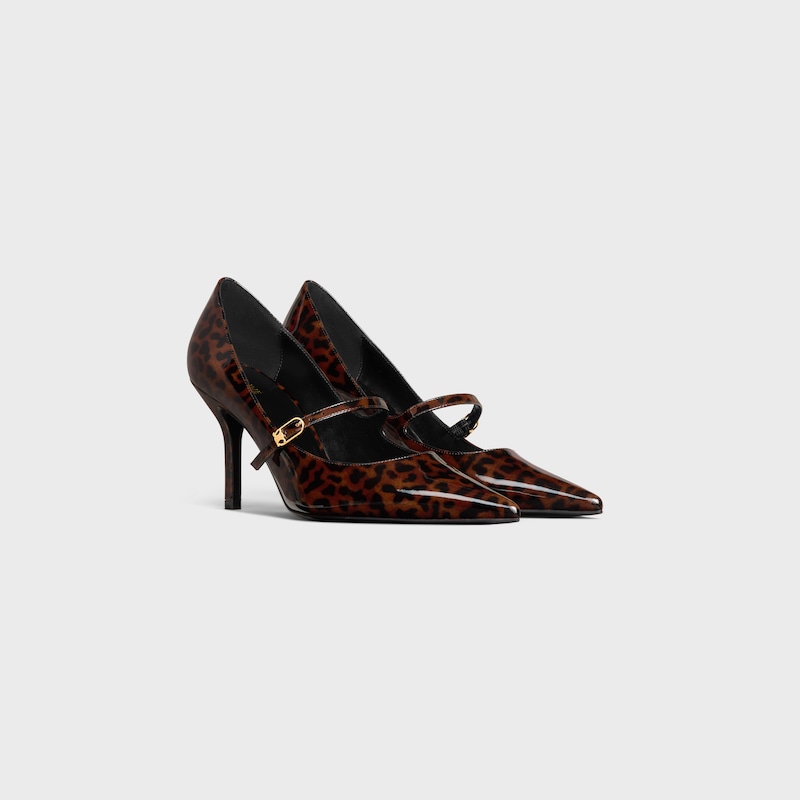 CELINE JUDY STRAPPY PUMP IN PRINTED LEOPARD PATENT CALFSKIN - BLACK / BROWN -  - 1 | CELINE