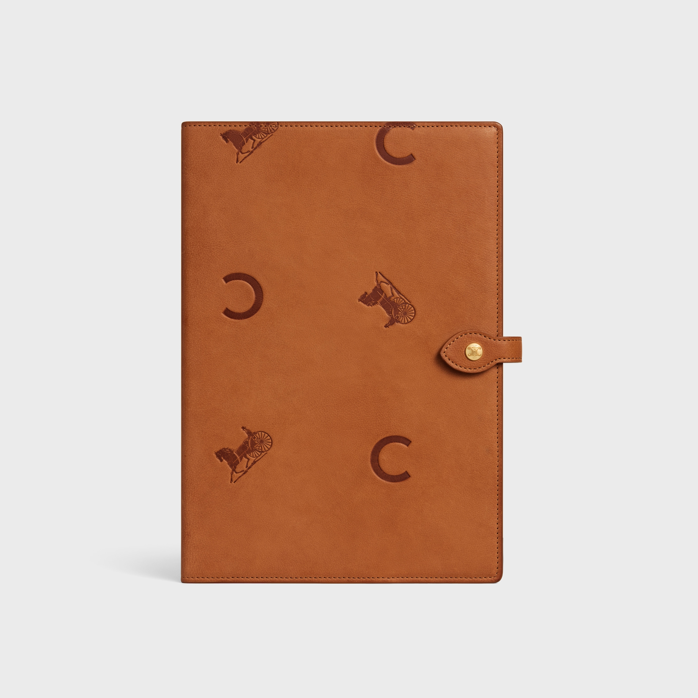LARGE NOTEBOOK COVER WITH POUCH IN STAMPED NATURAL CALFSKIN - TAN