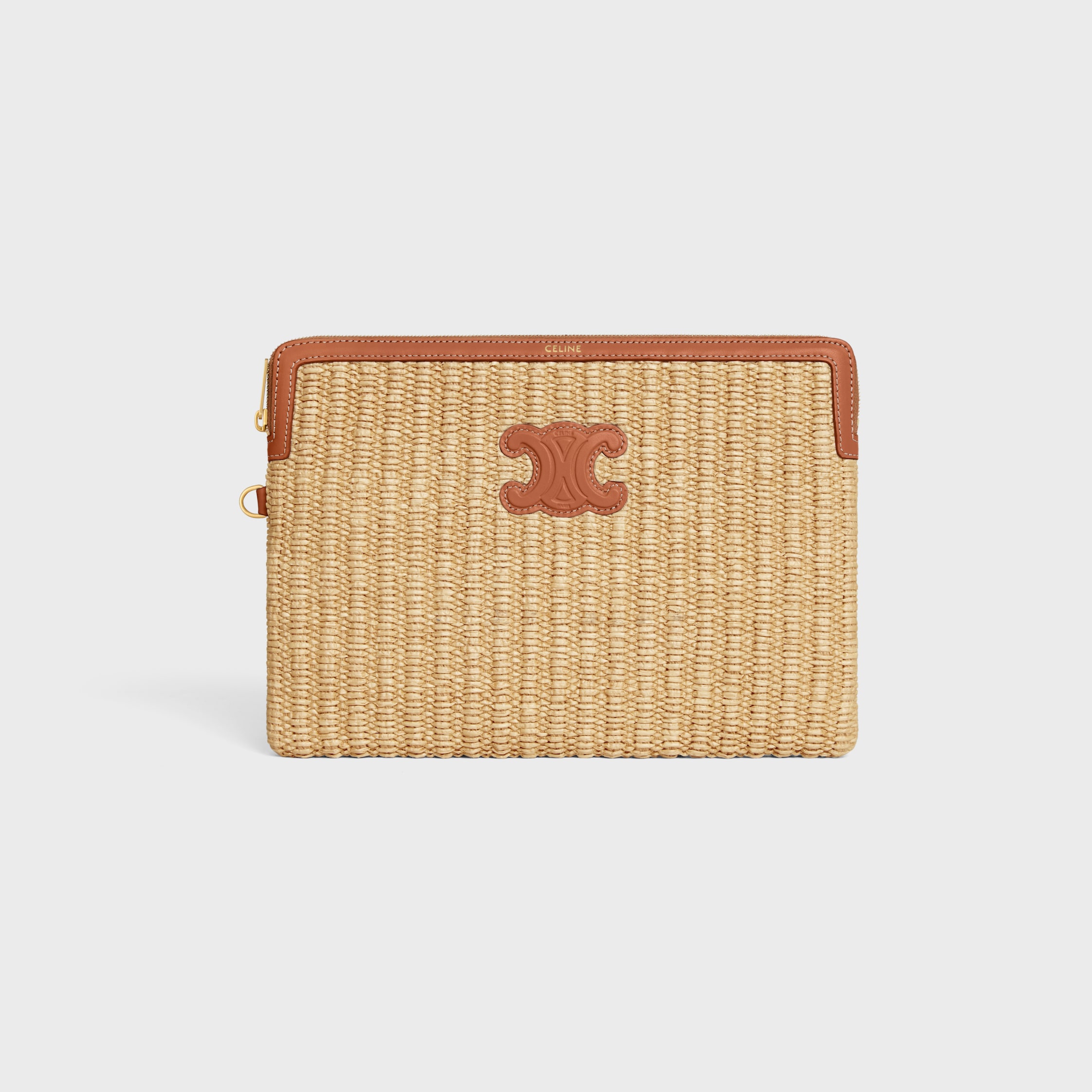 SMALL POUCH WITH STRAP IN raffia effect textile and calfskin - TAN