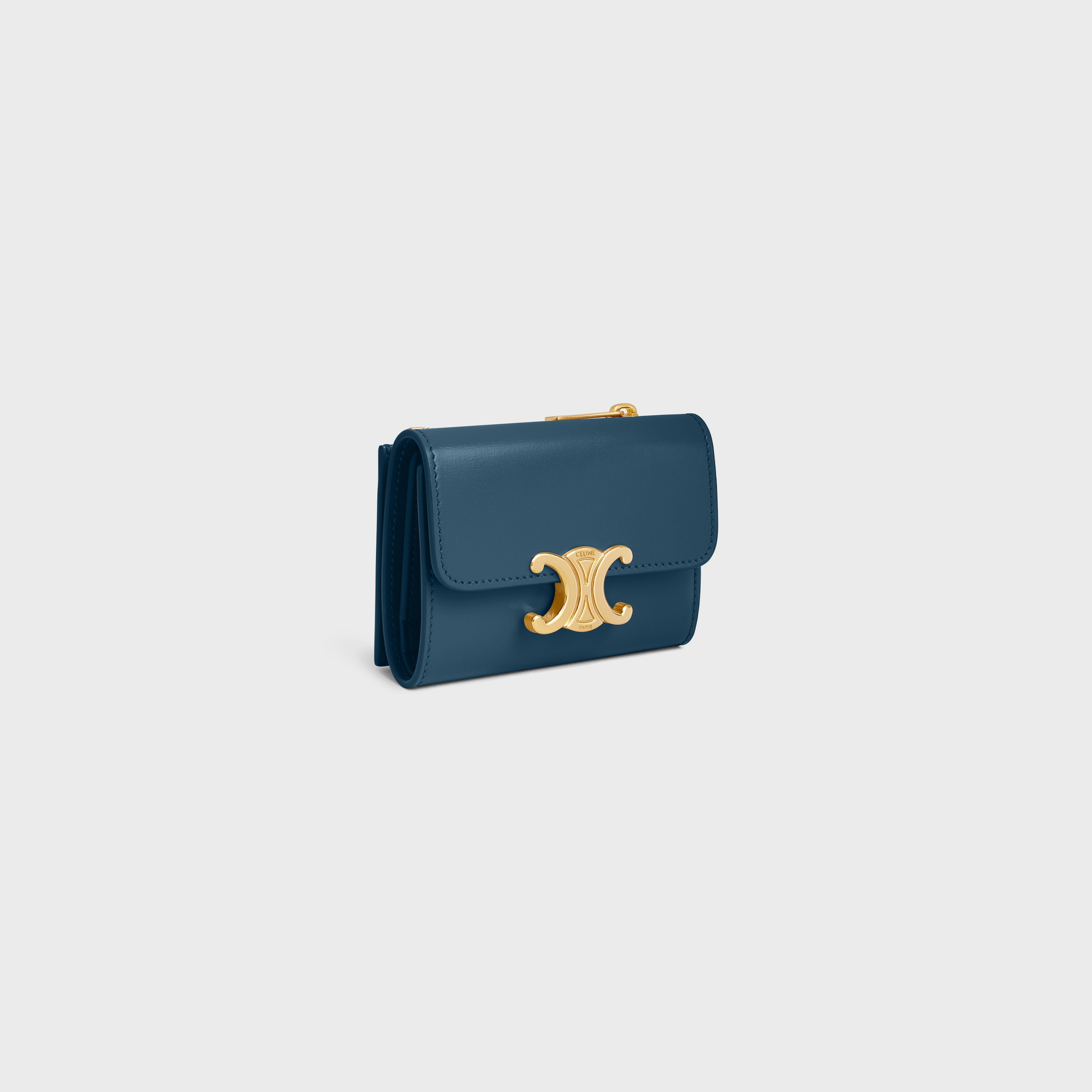 COMPACT WALLET WITH COIN TRIOMPHE IN SHINY CALFSKIN - TEAL BLUE