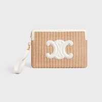 SMALL POUCH WITH STRAP CUIR TRIOMPHE IN raffia effect textile and calfskin - RICE - NEW - 1 | CELINE