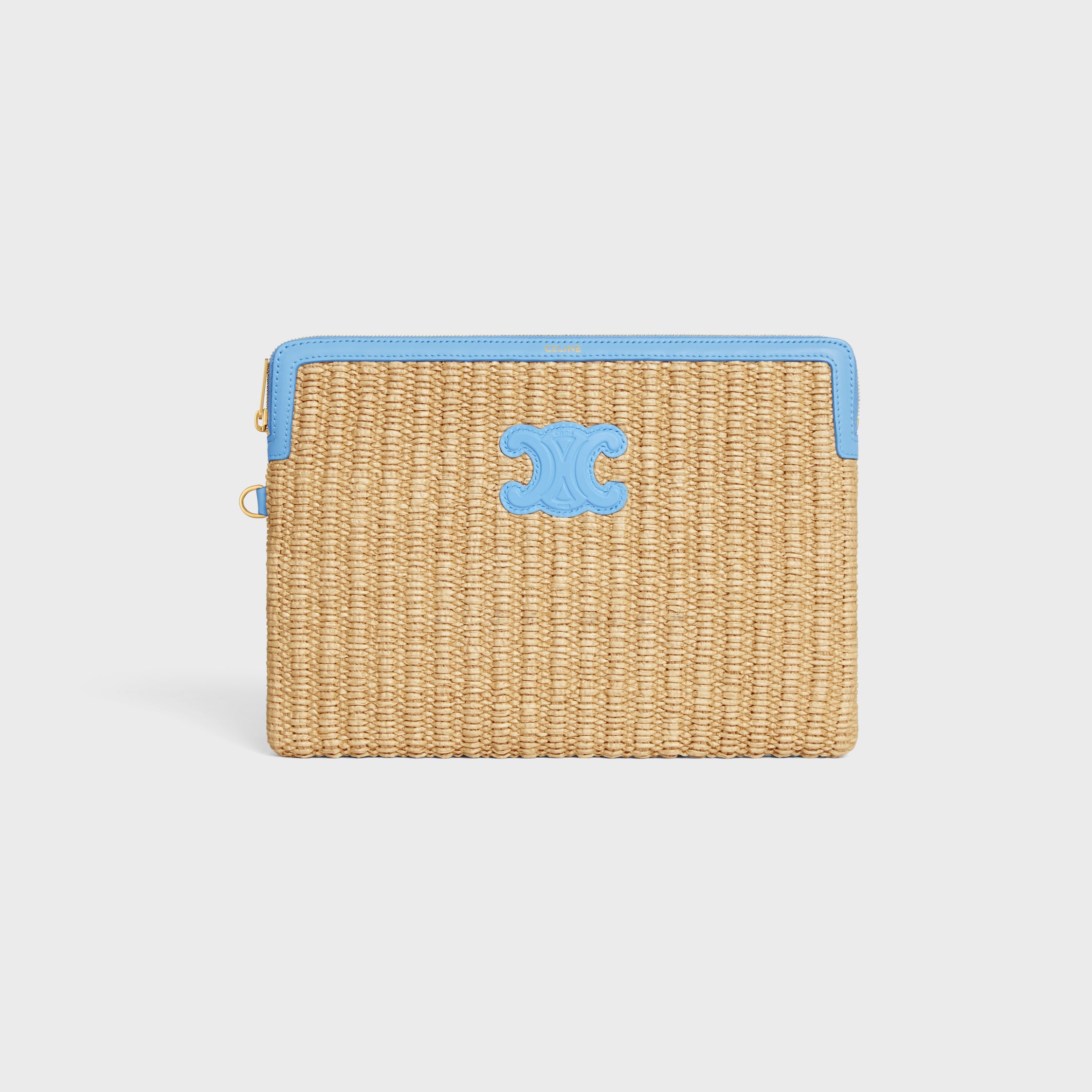SMALL POUCH WITH STRAP IN raffia effect textile and calfskin - SKY