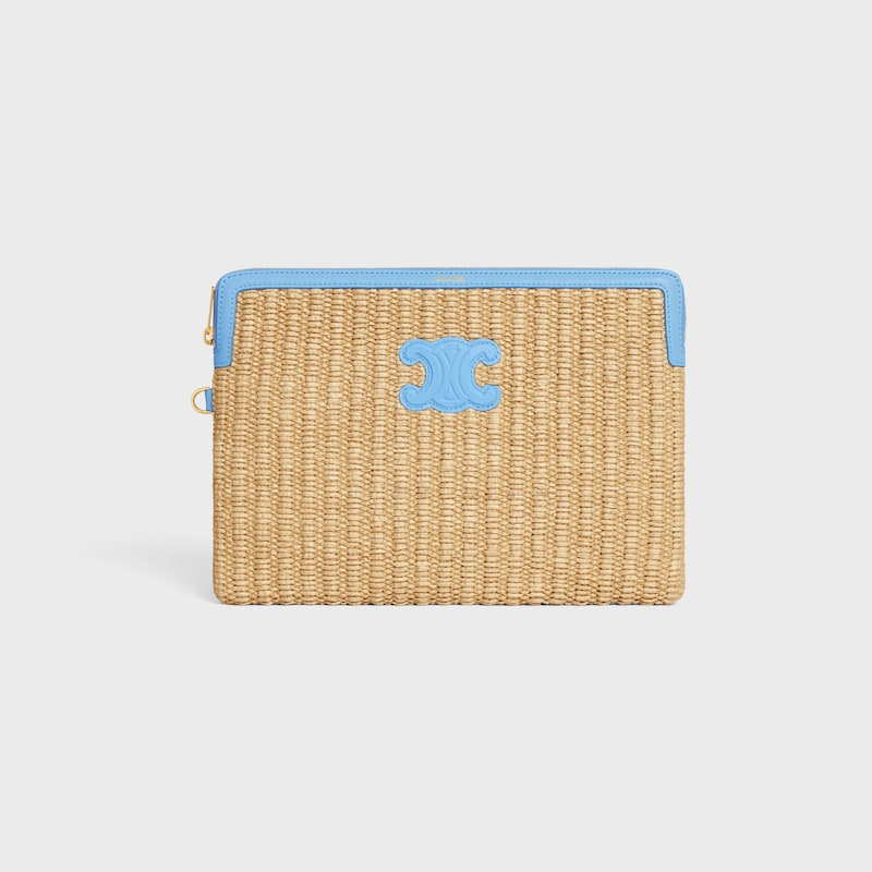SMALL POUCH WITH STRAP IN raffia effect textile and calfskin - SKY BLUE - POUCHES AND TECH ACCESSORIES - 1 | CELINE