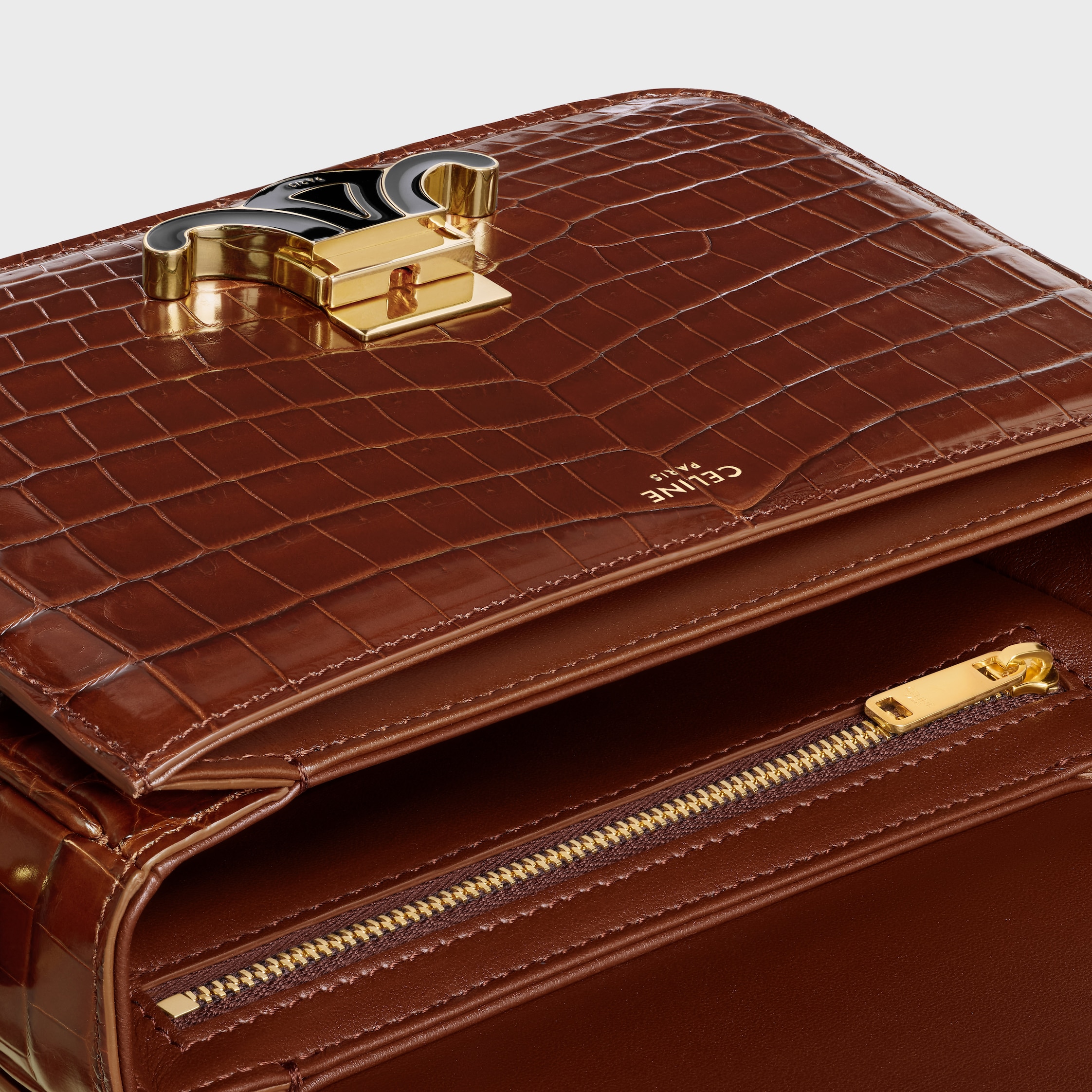 TEEN TRIOMPHE BAG IN CROCODILE WITH ENAMEL CLOSURE - BROWN / BLACK