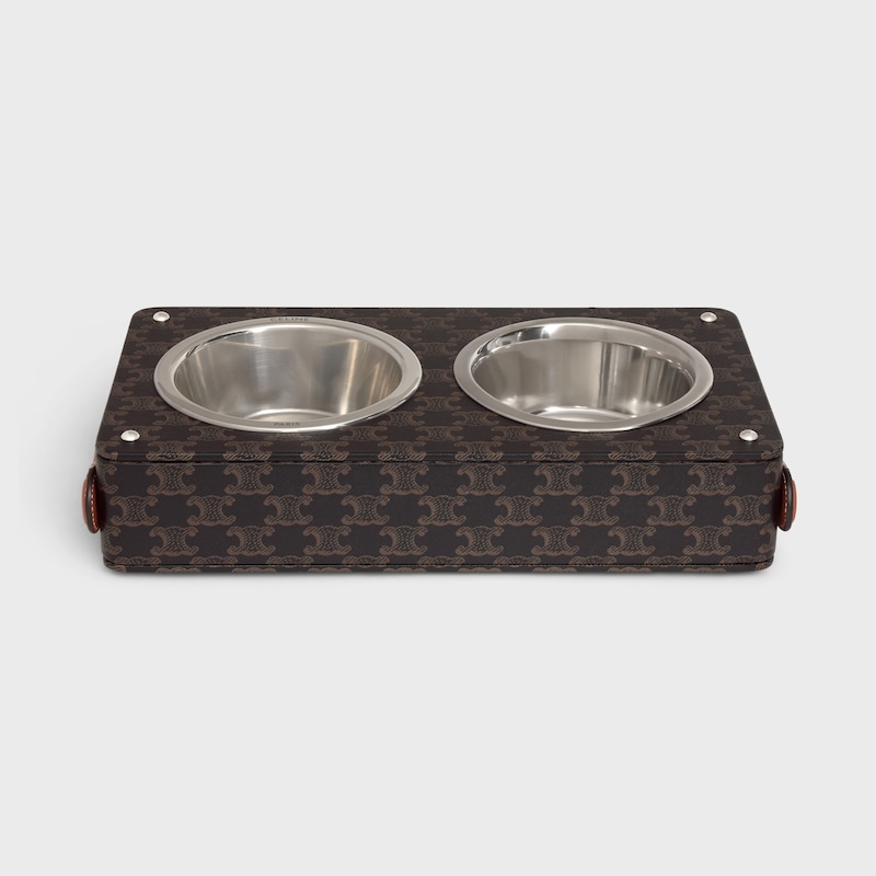 Double Dog Bowl in Nappa Lambskin with Triomphe Canvas Print and Calfskin - TAN - DOG ACCESSORIES - 1 | CELINE