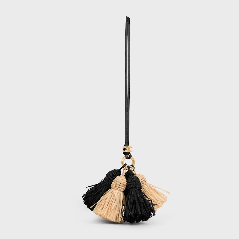 MULTI POMPON CHARM IN RAFFIA AND SMOOTH LAMBSKIN - NATURAL / BLACK - BAG CHARMS - 1 | CELINE