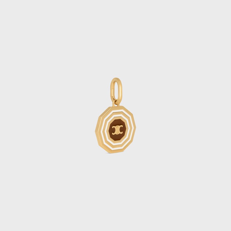 Celine Charms Decagon Triomphe Medal in Enamel and Brass with Gold finish - GOLD / WHITE / TAN - CELINE CHARMS - 1 | CELINE
