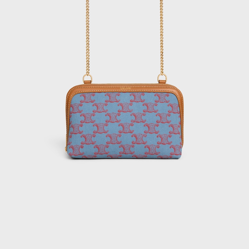 Clutch on Chain IN TEXTILE WITH TRIOMPHE ALL OVER AND NATURAL CALFSKIN - DENIM BLUE / RED - MORE LINES - 1 | CELINE