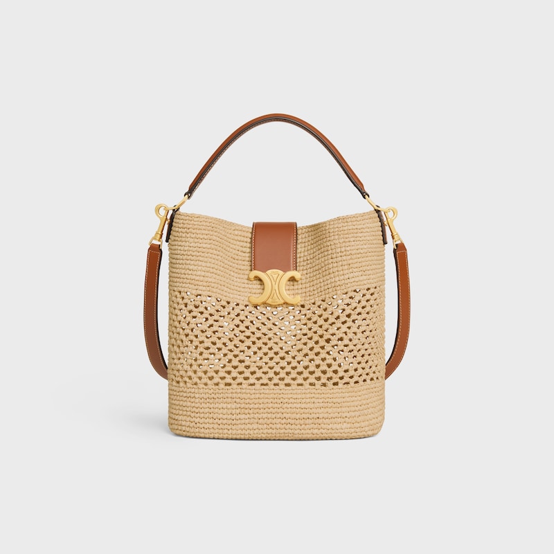 MEDIUM LOUISE BUCKET IN RAFFIA AND CALFSKIN - NATURAL / TAN - CLASSIC PANIER - 1 | CELINE