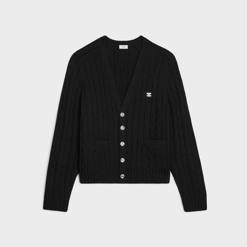 triomphe cardigan em caxemira tricotada em ponto arroz - PRETO - - 1 | CELINE