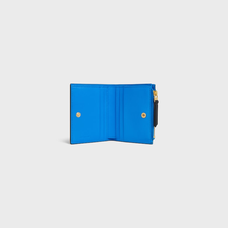 COMPACT WALLET TRIOMPHE STAMP IN SUPPLE GRAINED CALFSKIN - BLACK / ULTRA BLUE - NEW - 1 | CELINE