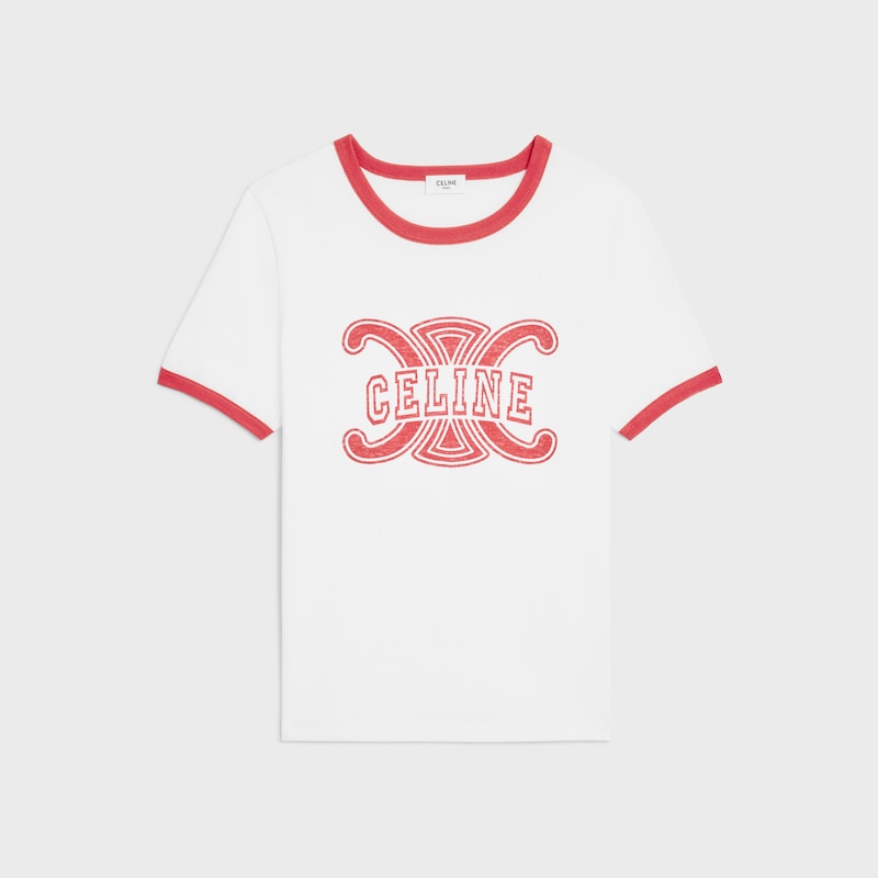 70年代風格平紋針織T恤 - 米白色/櫻桃紅 -  - 1 | CELINE