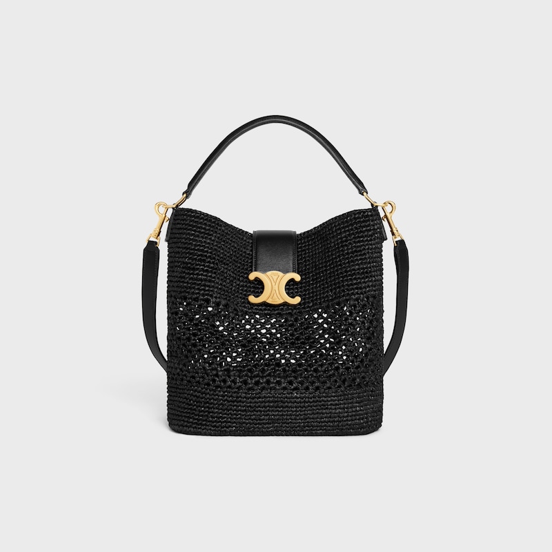 MEDIUM LOUISE BUCKET IN RAFFIA AND CALFSKIN - BLACK - LOUISE - 1 | CELINE