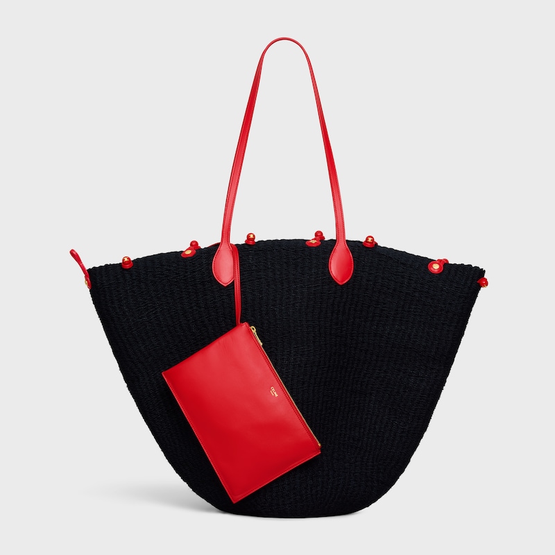 LARGE TRIOMPHE BEADS BASKET IN SISAL RAFFIA AND CALFSKIN - BLACK / RED - CLASSIC PANIER - 1 | CELINE