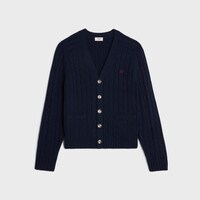 เสื้อคาร์ดิแกนผ้าแคชเมียร์ถักลายเคเบิลปักลายทรียงฟ์ - สีกรมท่า -  - 1 | CELINE
