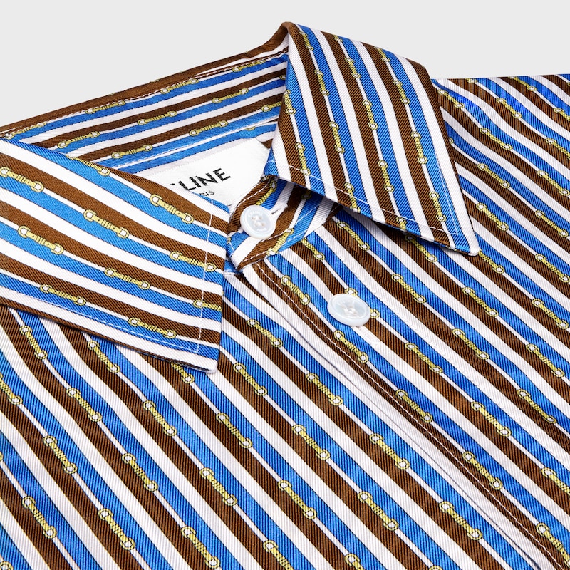 斜纹桑蚕丝超大衬衫 - 蓝色/棕色/象牙白 -  - 1 | CELINE