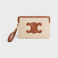 SMALL POUCH WITH STRAP CUIR TRIOMPHE IN TEXTILE AND CALFSKIN - NATURAL / TAN - NEW - 1 | CELINE