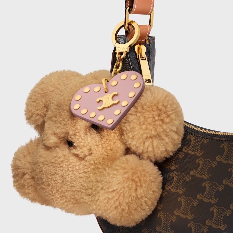 TRIOMPHE POM-POM CHARM IN Embroidered Shearling and Calfskin - BROWN / PINK - CHARMS AND ACCESSORIES - 1 | CELINE