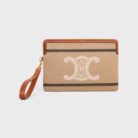 SMALL POUCH WITH STRAP in STRIPED TEXTILE WITH TRIOMPHE AND CALFSKIN - BEIGE / BLACK - POUCHES AND TECH ACCESSORIES - 1 | CELINE