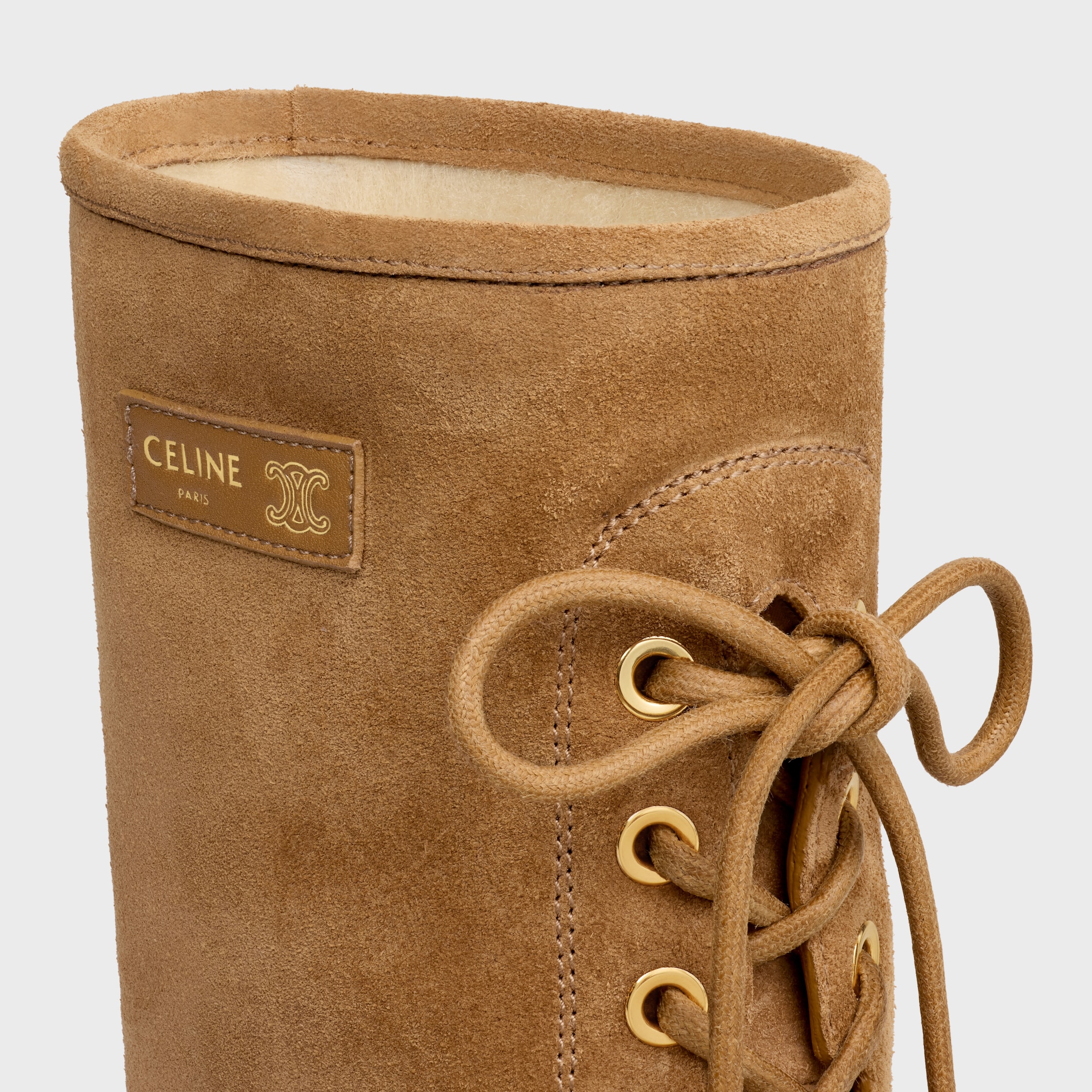 AUSTIN LACE-UP BOOT IN SUEDE CALFSKIN AND SHEARLING - HAVANA | CELINE