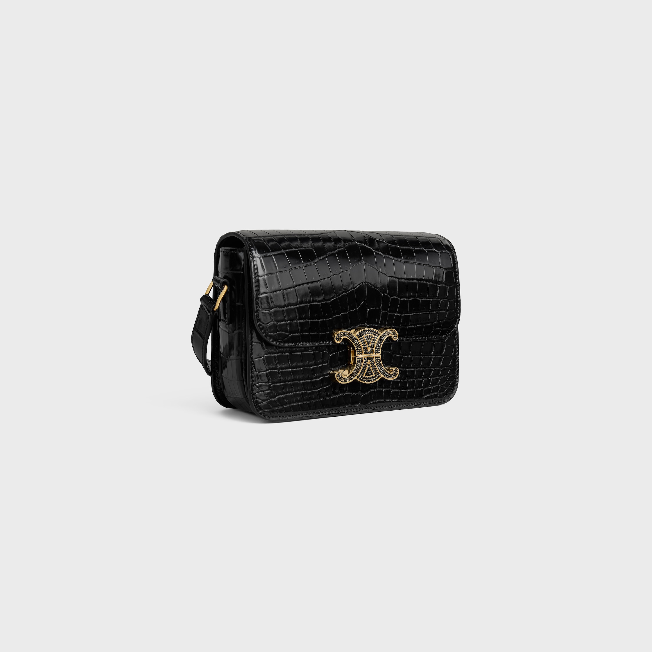 TEEN TRIOMPHE BAG IN CROCODILE WITH STRASS CLOSURE - BLACK | CELINE