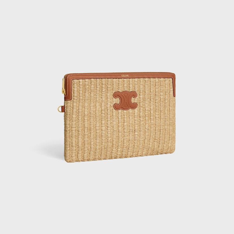 SMALL POUCH WITH STRAP IN raffia effect textile and calfskin - TAN - POUCHES AND TECH ACCESSORIES - 1 | CELINE