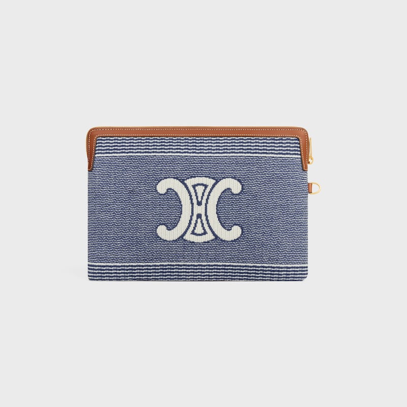 SMALL POUCH WITH STRAP IN Striped Textile With Triomphe - BLUE / BEIGE - POUCHES AND TECH ACCESSORIES - 1 | CELINE