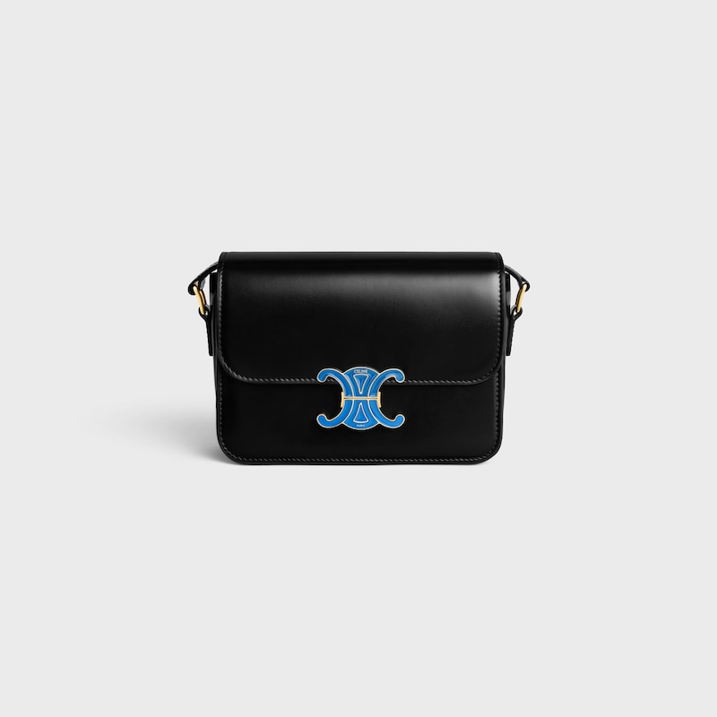 TEEN TRIOMPHE BAG IN SHINY CALFSKIN WITH ENAMEL CLOSURE - BLACK / ULTRA BLUE - NEW - 1 | CELINE