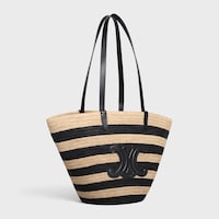 STRIPED COUFFIN Celine Classic Panier in RAFFIA AND CALFSKIN - NATURAL / BLACK - CLASSIC PANIER - 2 | CELINE