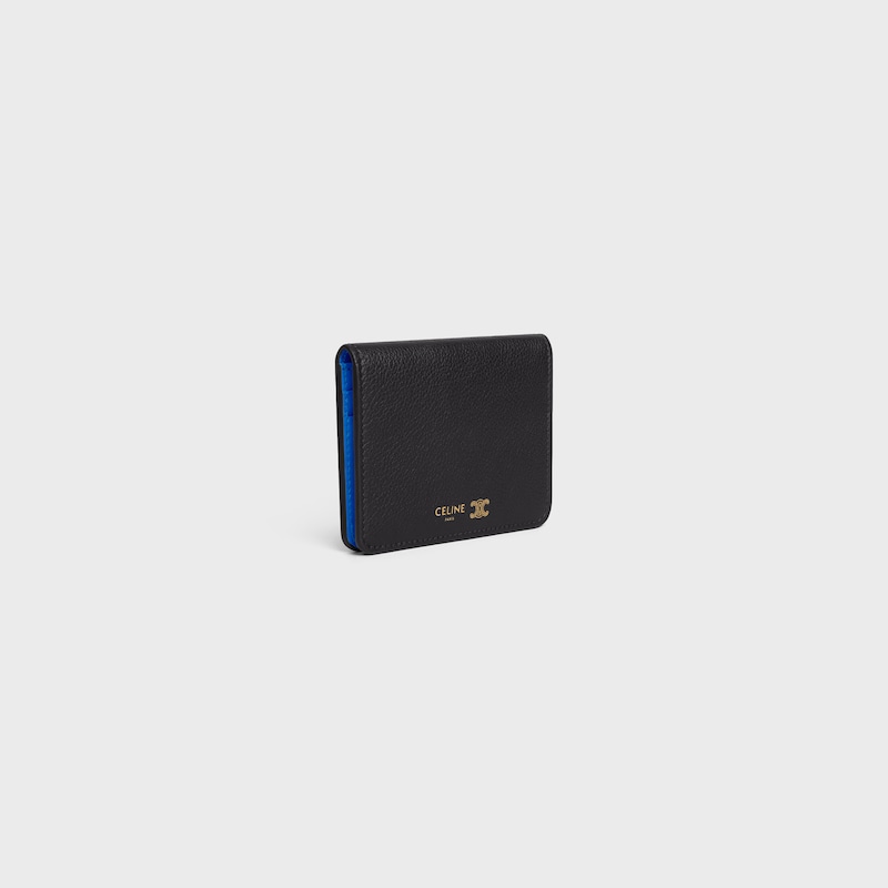 BI-FOLD CARD HOLDER TRIOMPHE STAMP IN SUPPLE GRAINED CALFSKIN - BLACK / ULTRA BLUE - COIN AND CARD HOLDERS - 1 | CELINE