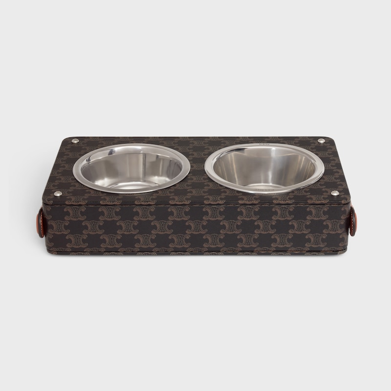 Double Dog Bowl in Nappa Lambskin with Triomphe Canvas Print and Calfskin - TAN - DOG ACCESSORIES - 1 | CELINE