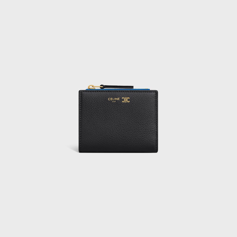 COMPACT WALLET TRIOMPHE STAMP IN SUPPLE GRAINED CALFSKIN - BLACK / ULTRA BLUE - NEW - 1 | CELINE