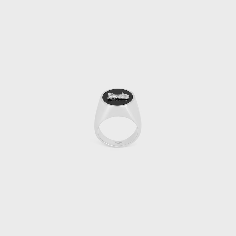 CELINE SULKY Signet Ring IN Enamel and Brass with Rhodium Finish - SILVER / BLACK -  - 1 | CELINE