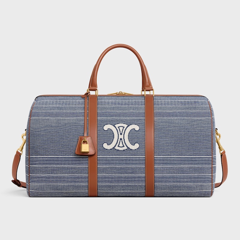 大号条纹提花织物和牛皮革旅行包 - 蓝色/米色 - 旅行 - 1 | CELINE