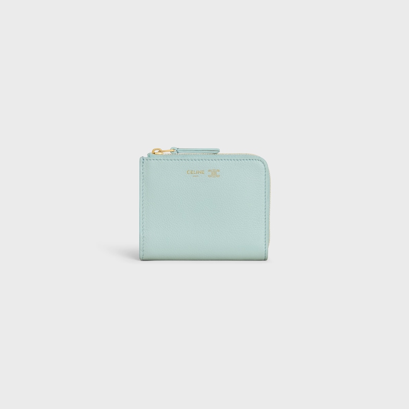 FLAT ZIPPED WALLET TRIOMPHE STAMP IN GRAINED SUPPLE CALFSKIN - POWDER BLUE / DEEP IVORY - NEW - 1 | CELINE